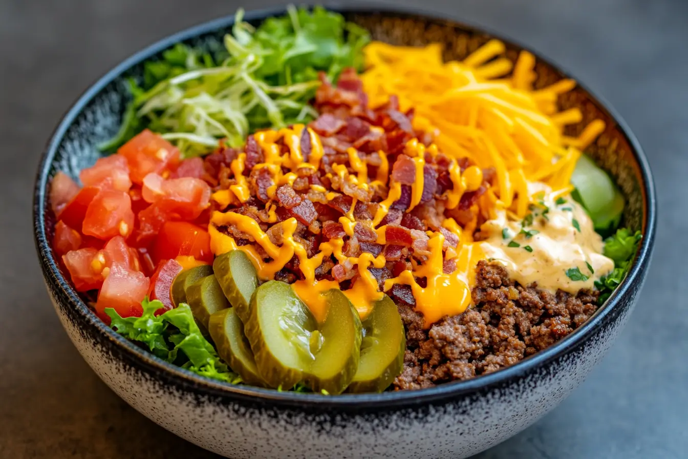 Burger Bowl Recipe with fresh greens, juicy beef patty, shredded cheese, pickles, tomatoes, and bacon in a bowl.