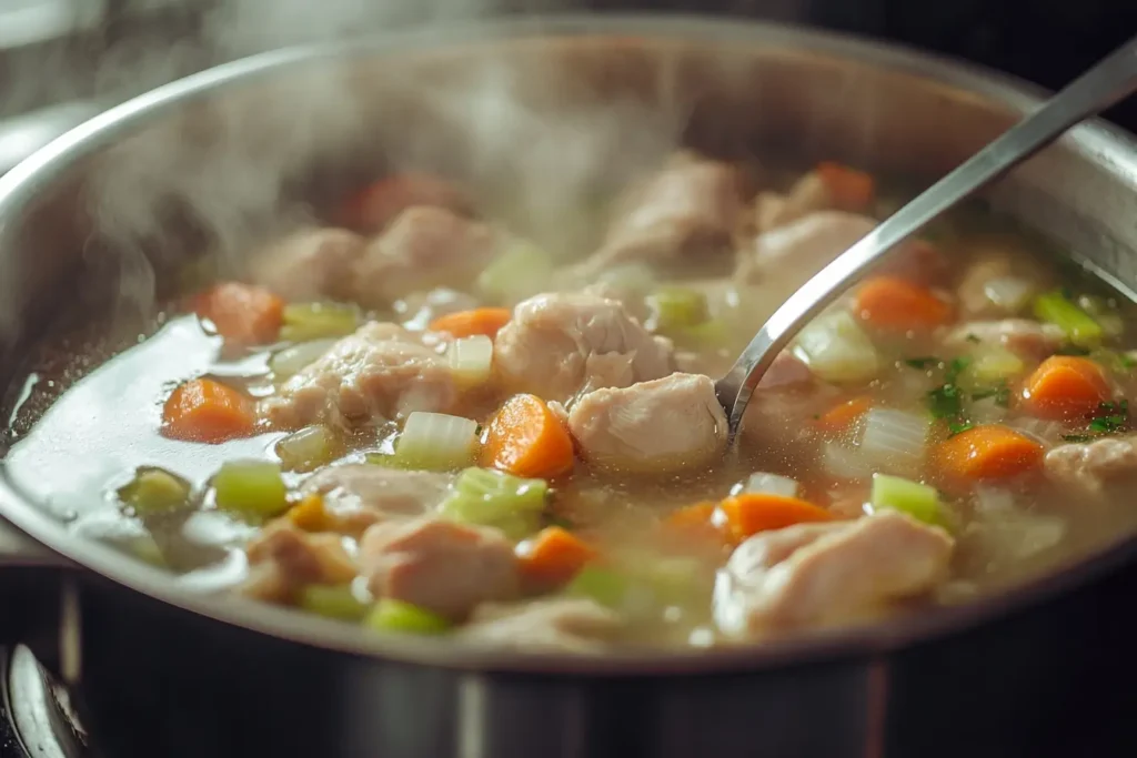 Simmering chicken and vegetables in Caldo de Pollo.