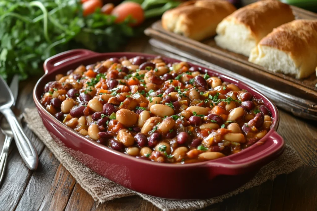 Completed calico beans recipe in a red casserole dish.