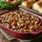 Completed calico beans recipe in a red casserole dish.