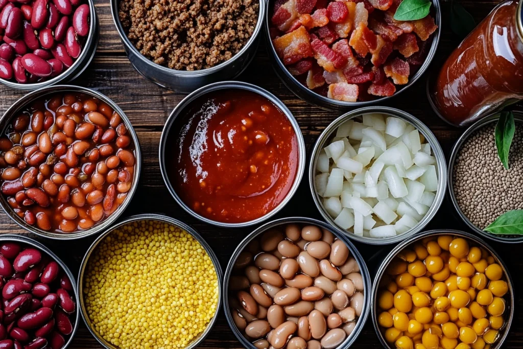 Ingredients for calico beans recipe arranged in bowls on a wooden table.