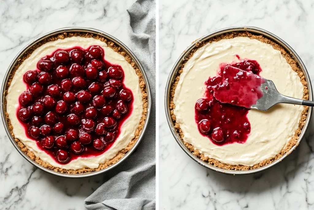 Cherry cheesecake preparation with creamy filling and cherry topping

