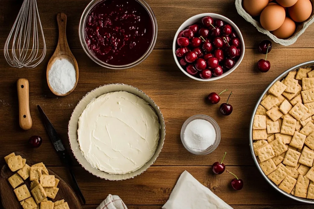 Ingredients for cherry cheesecake on a wooden table