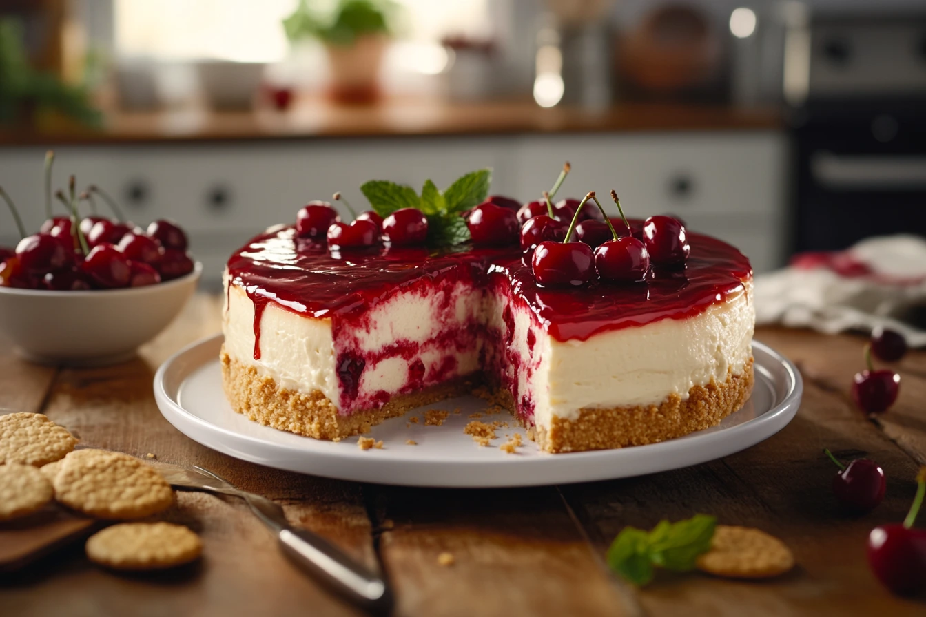 Cherry cheesecake with a slice cut out