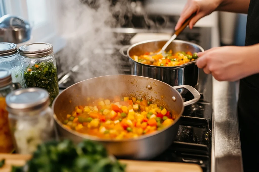 Cooking chow chow relish on the stove with fresh vegetables and steaming pots