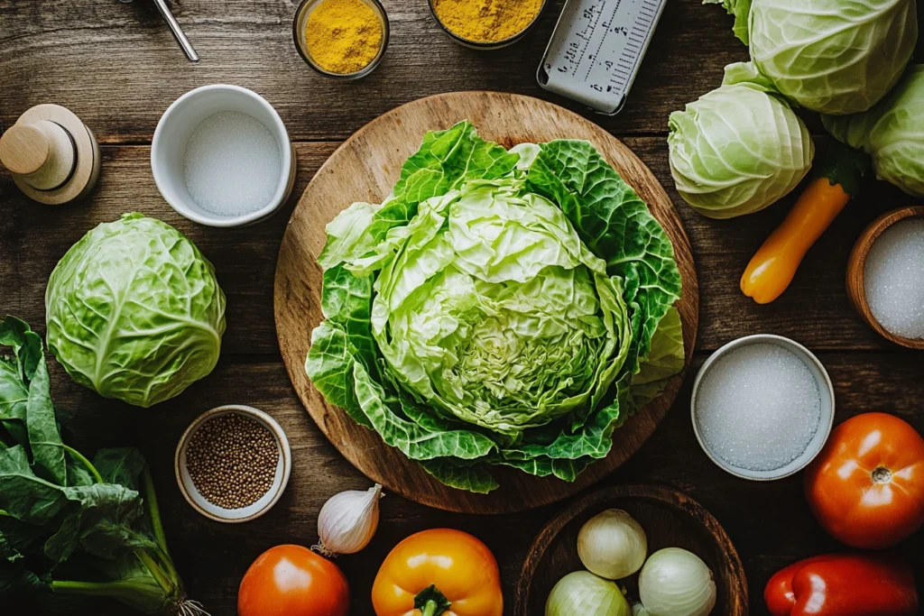 Fresh ingredients for chow chow relish, including cabbage, tomatoes, peppers, onions, and spices