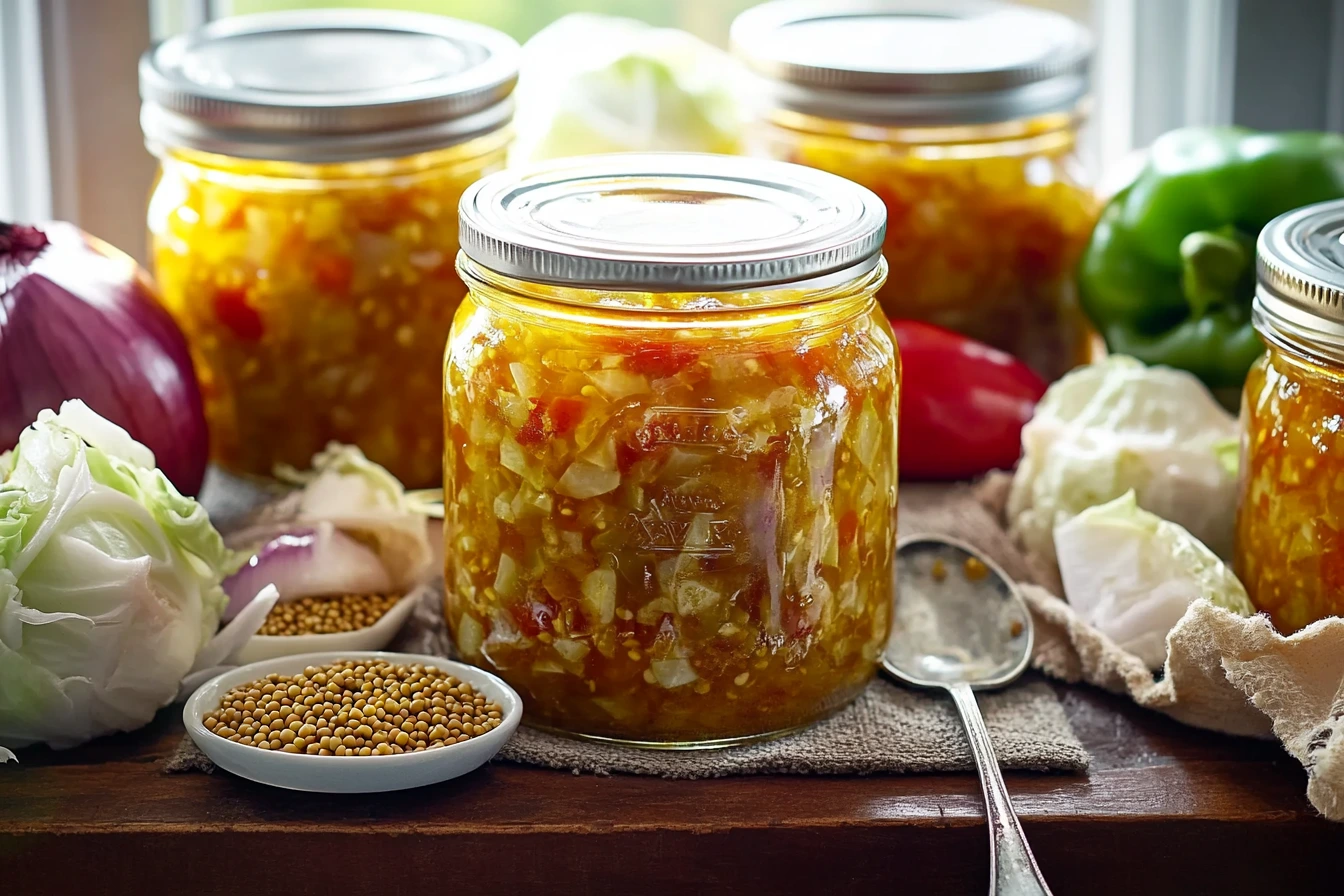 Jar of chow chow relish with fresh vegetables and mustard seeds