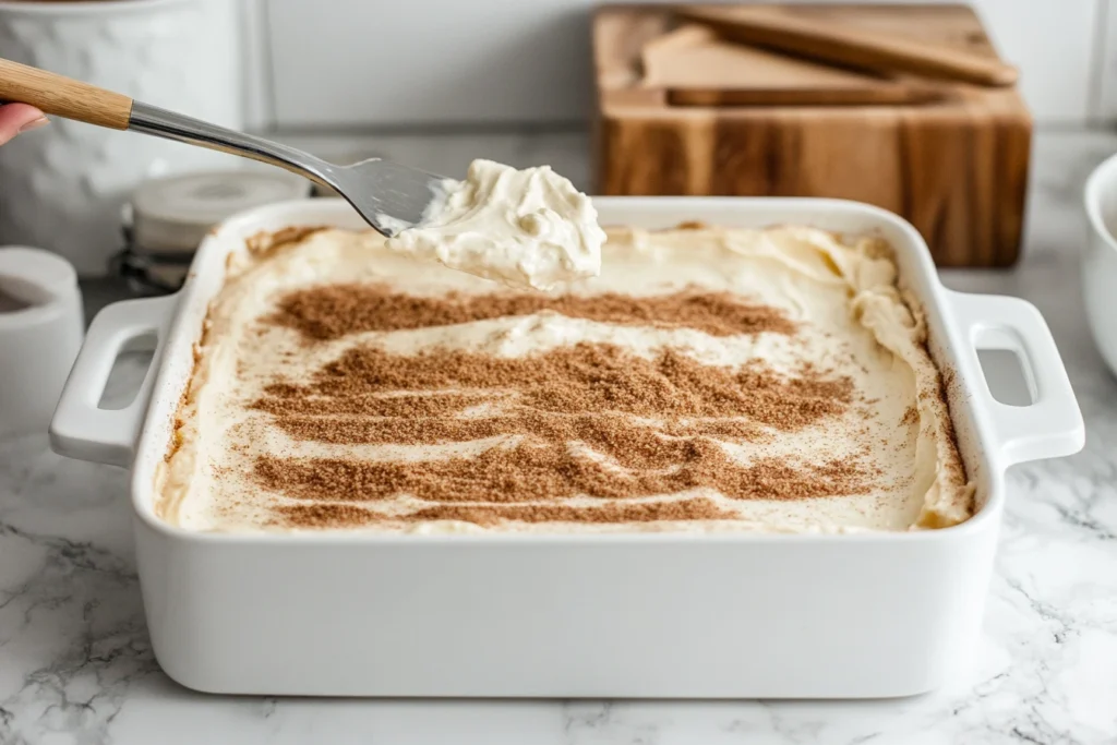 Assembling churro cheesecake with cinnamon sugar topping