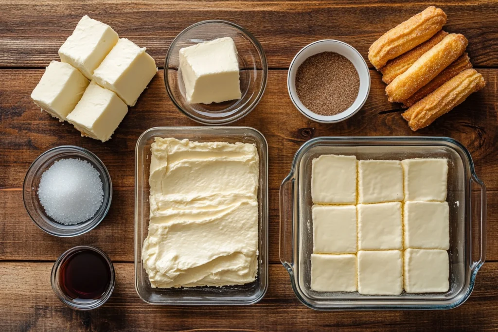 Ingredients for churro cheesecake recipe on a rustic wooden countertop