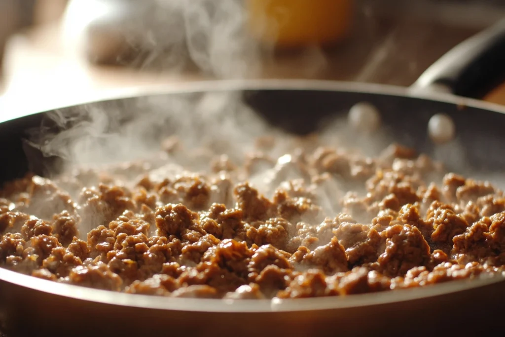 Ground beef cooking in a pan for a taco dip.