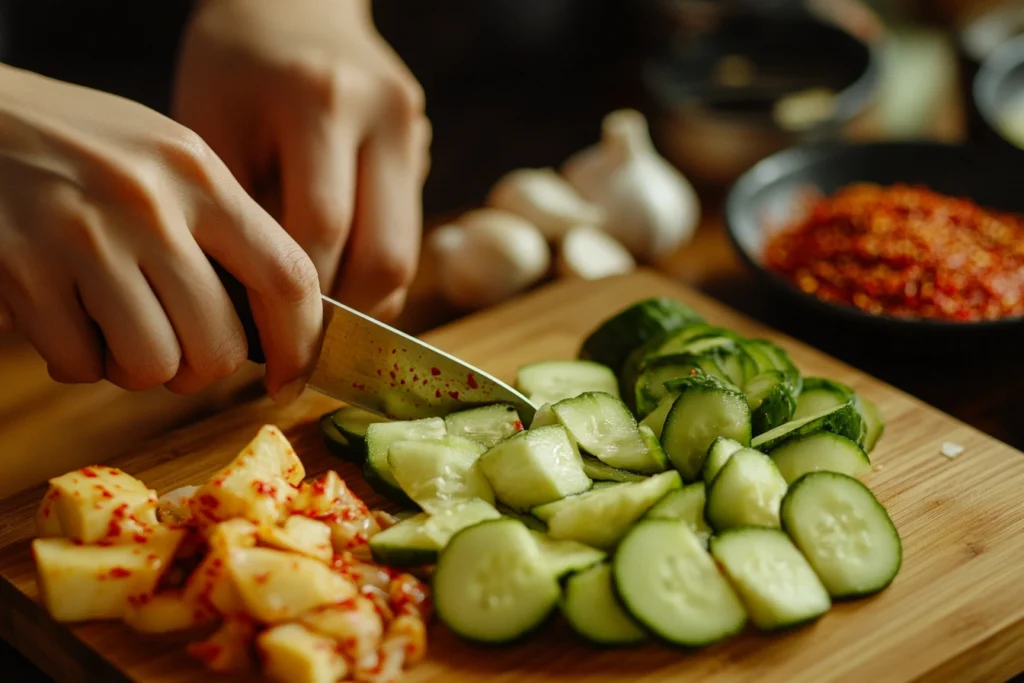 Slicing fresh cucumber for naturally made kimchi.