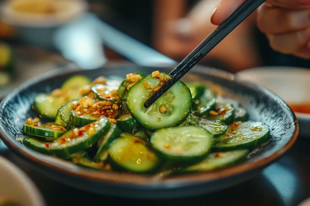 Din Tai Fung cucumber recipe being eaten.