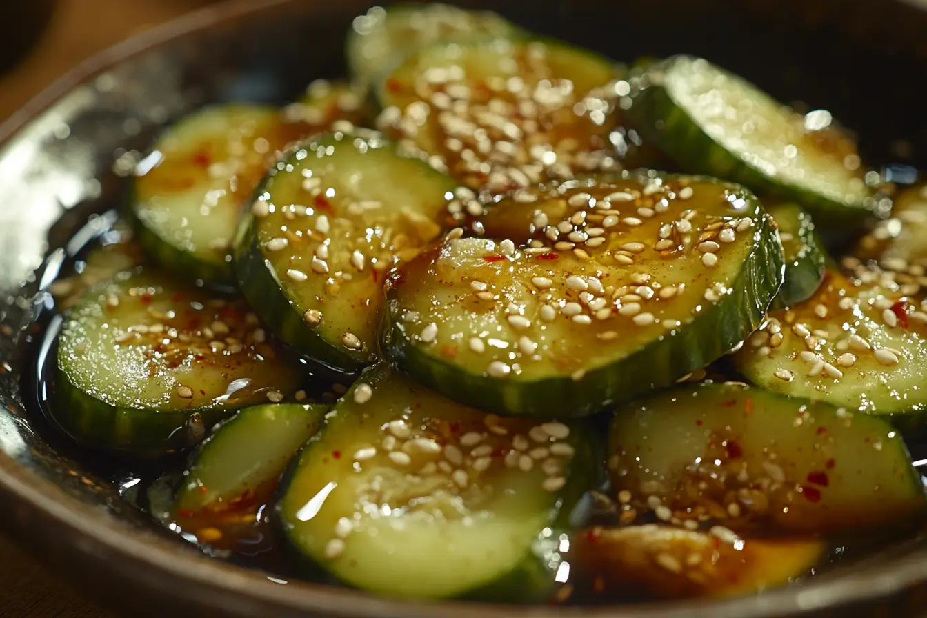 Din Tai Fung cucumber recipe in dark soy sauce.