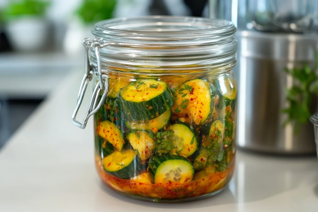 A jar of naturally fermented cucumber kimchi.