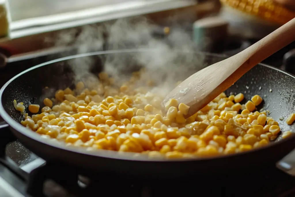 Corn fried recipe being cooked in a skillet.