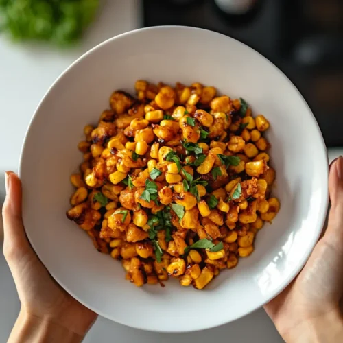 Golden corn fried recipe in a bowl with herbs.