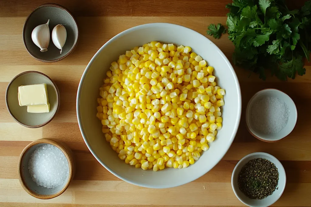 Ingredients for corn fried recipe on a wooden countertop.