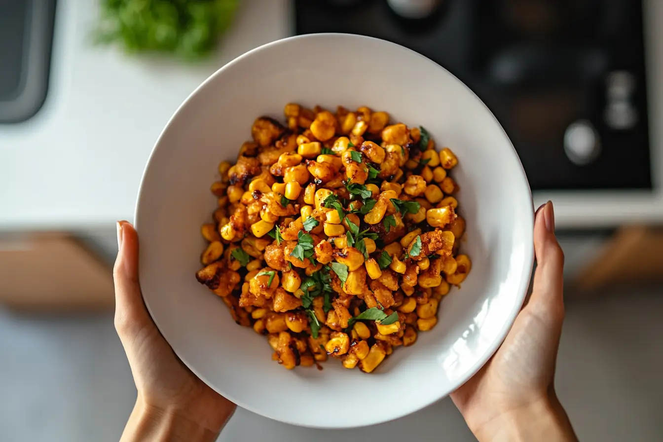 Golden corn fried recipe in a bowl with herbs.