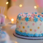 Decorated gender reveal cake with pastel stars.