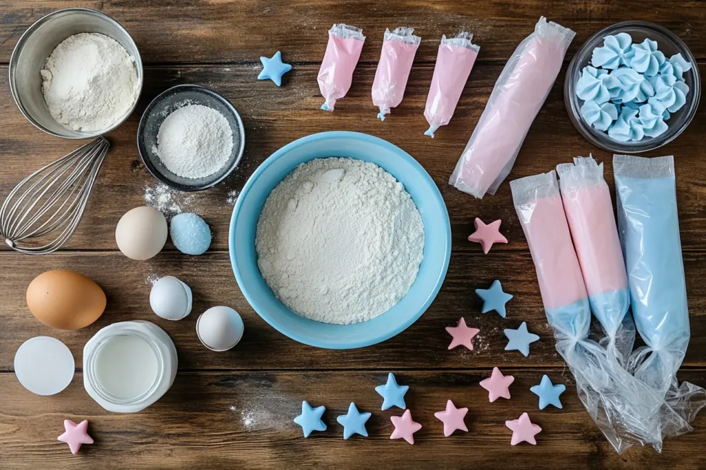 Ingredients for gender reveal cake on a wooden countertop.