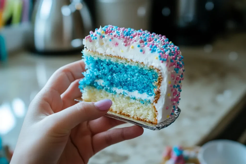 A hand holding a slice of gender reveal cake with bright blue filling.