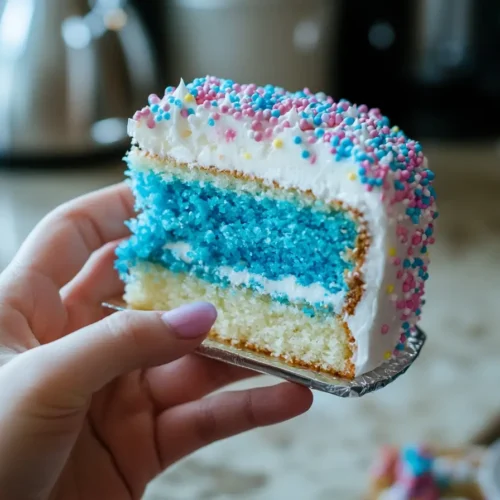 A hand holding a slice of gender reveal cake with bright blue filling.