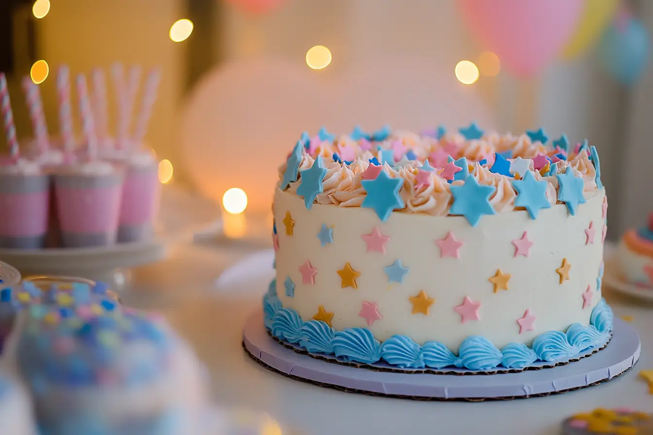 Decorated gender reveal cake with pastel stars.