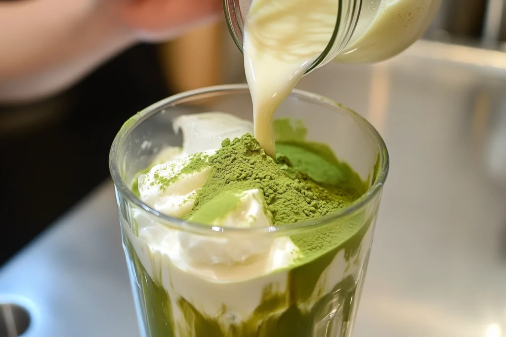 Milk being poured over matcha powder and ice in a glass