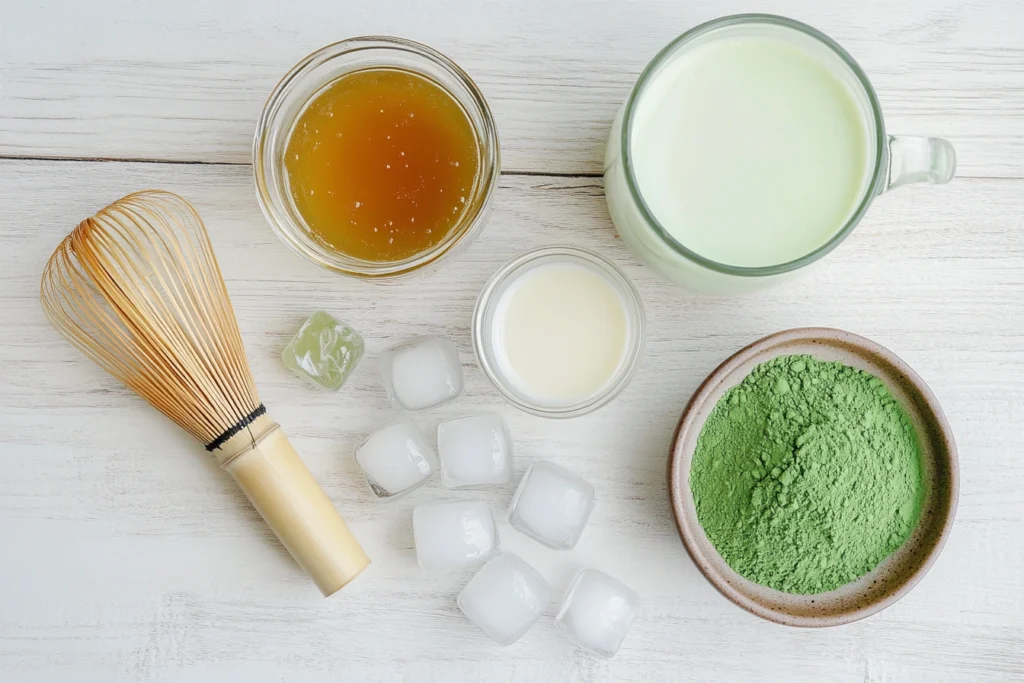 Ingredients for iced matcha latte recipe laid out on a white wooden surface