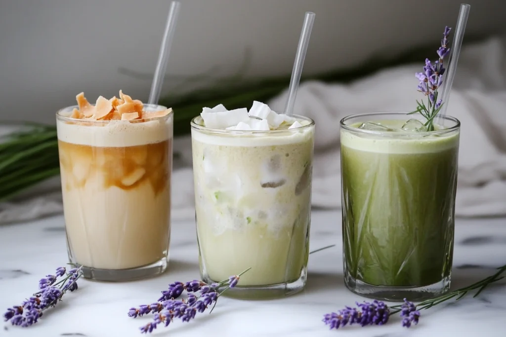 Three iced matcha latte variations with unique garnishes