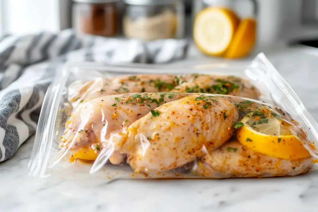 Chicken marinating in a sealed bag for Pollo Asado Recipe.