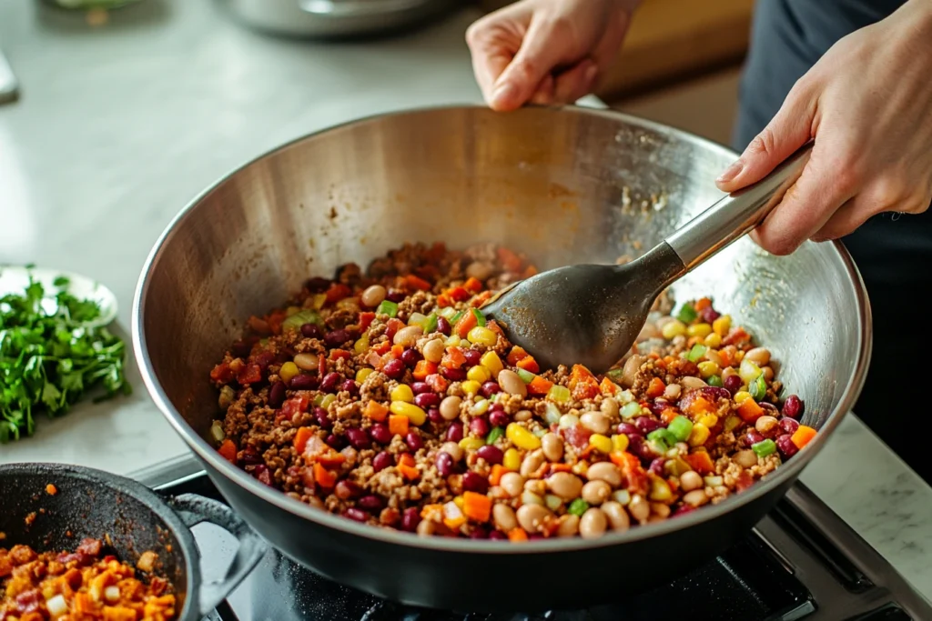 Mixing calico beans recipe with ground beef and colorful beans in a skillet.