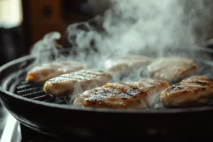 Chicken cooking on a grill for Pollo Asado Recipe.