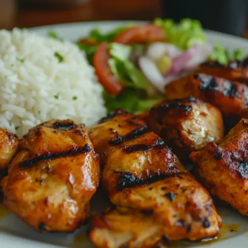 Pollo Asado Recipe served with rice and salad.