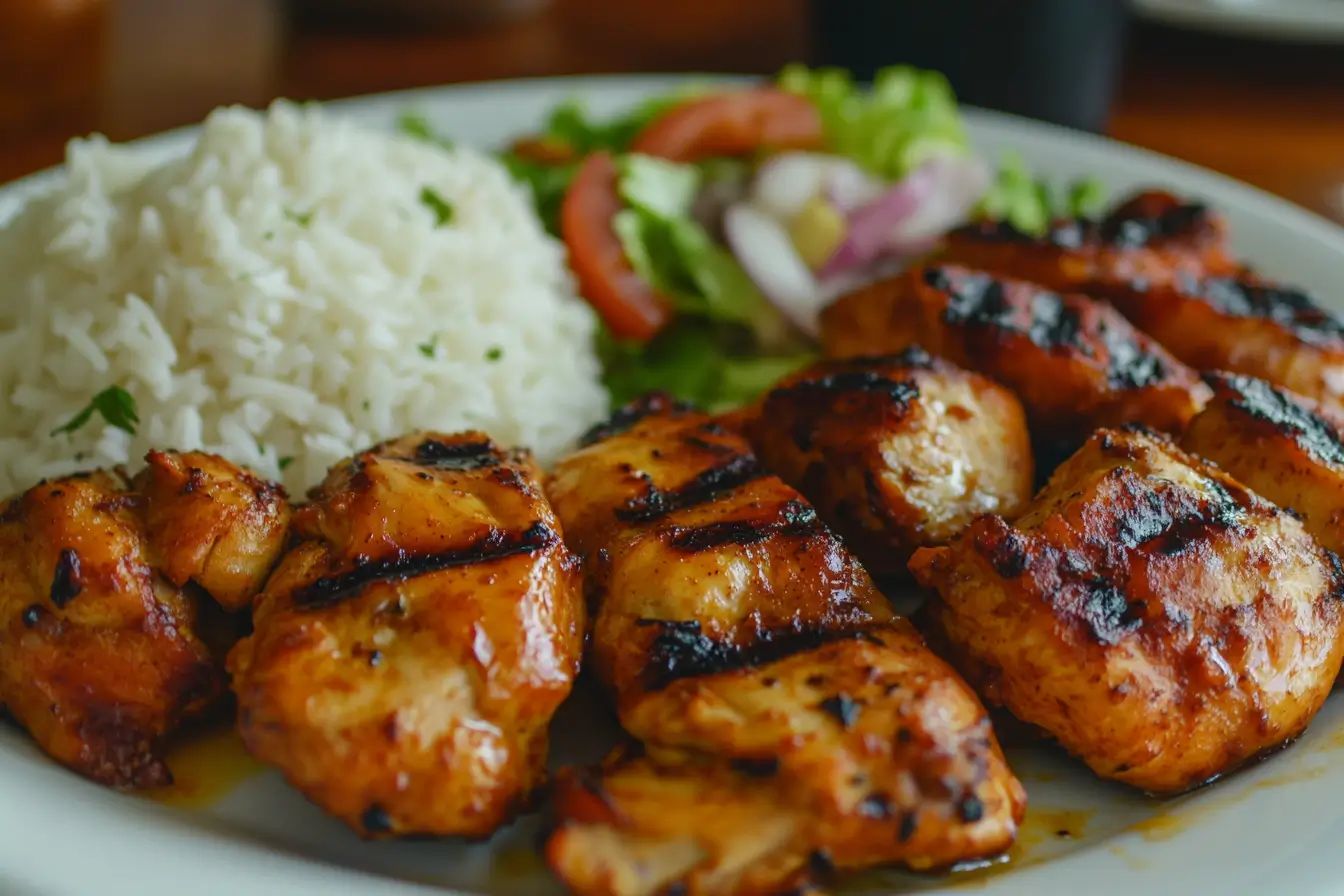 Pollo Asado Recipe served with rice and salad.