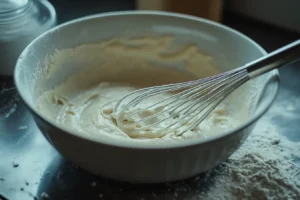 Preparing the batter for a gender reveal cake in a white bowl with a whisk.