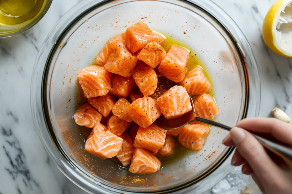 Salmon bites recipe preparation in a mixing bowl