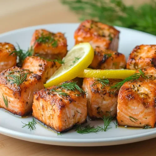 Golden-brown salmon bites recipe plated with lemon slices