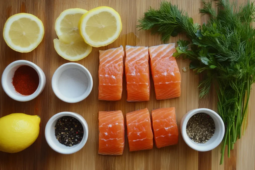 Ingredients for salmon bites recipe on a wooden board