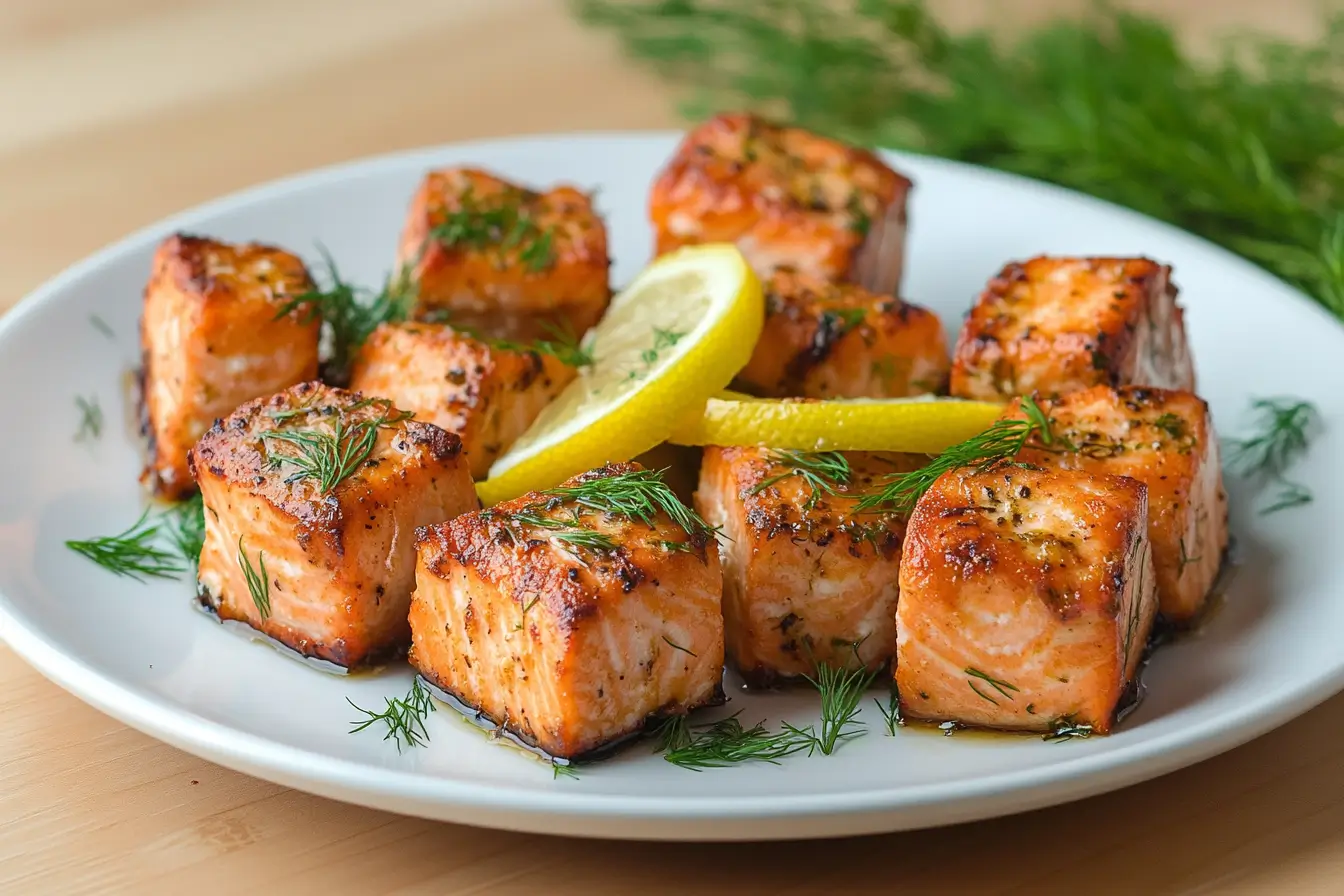 Golden-brown salmon bites recipe plated with lemon slices