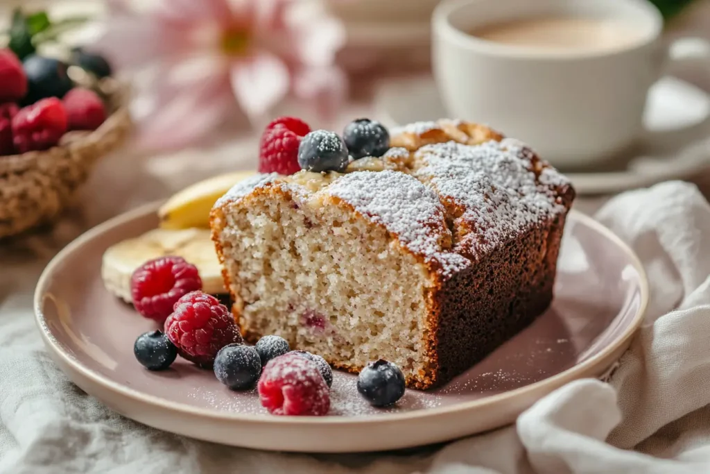 Slice of 4 Ingredient Banana Bread with berries and coffee