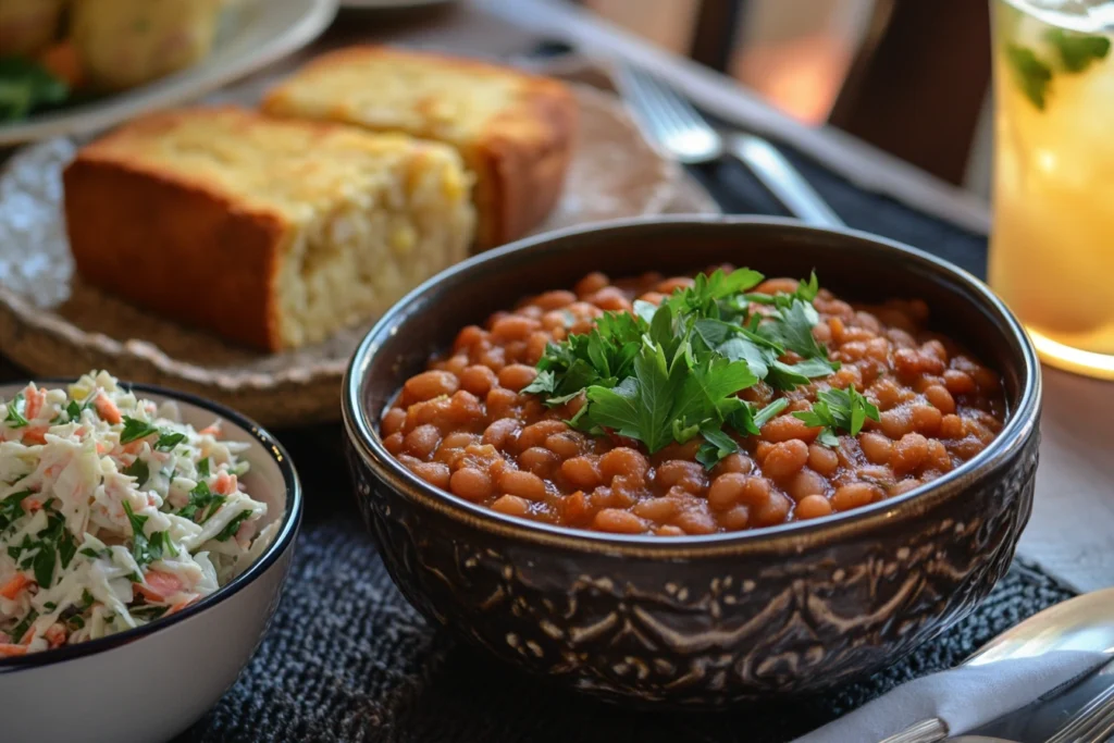 Bowl of baked beans recipe served with cornbread and coleslaw.