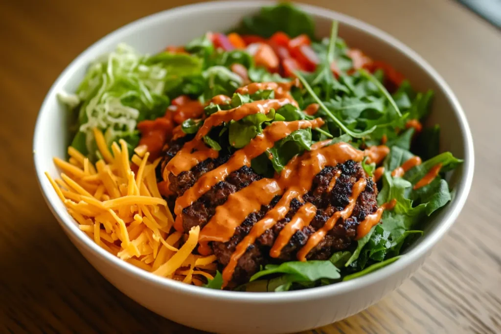 Assembled Burger Bowl with sauce drizzled on top.