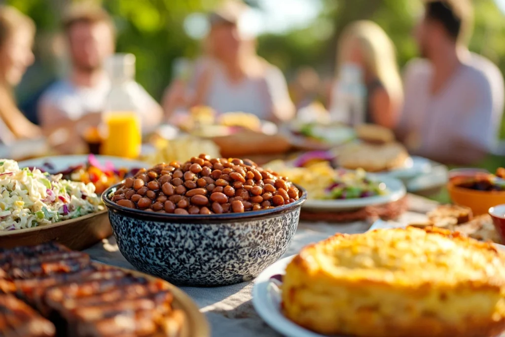 Serving calico beans recipe at a family gathering with a picnic setup.