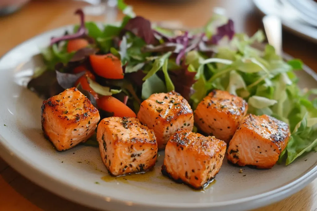 Delicious serving of salmon bites recipe with fresh salad