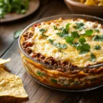 A delicious taco dip recipe ready to be served with tortilla chips.