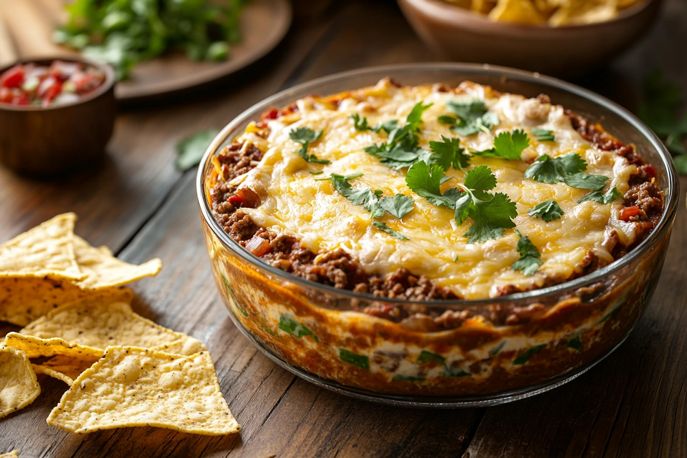 A delicious taco dip recipe ready to be served with tortilla chips.