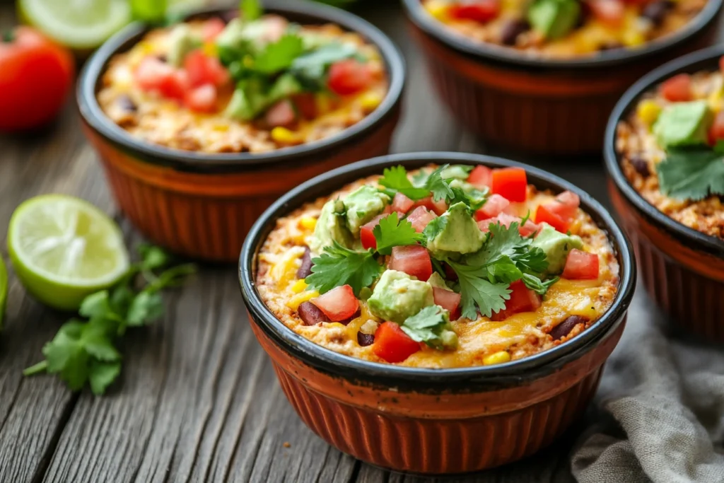 Individual servings of a taco dip in small bowls.