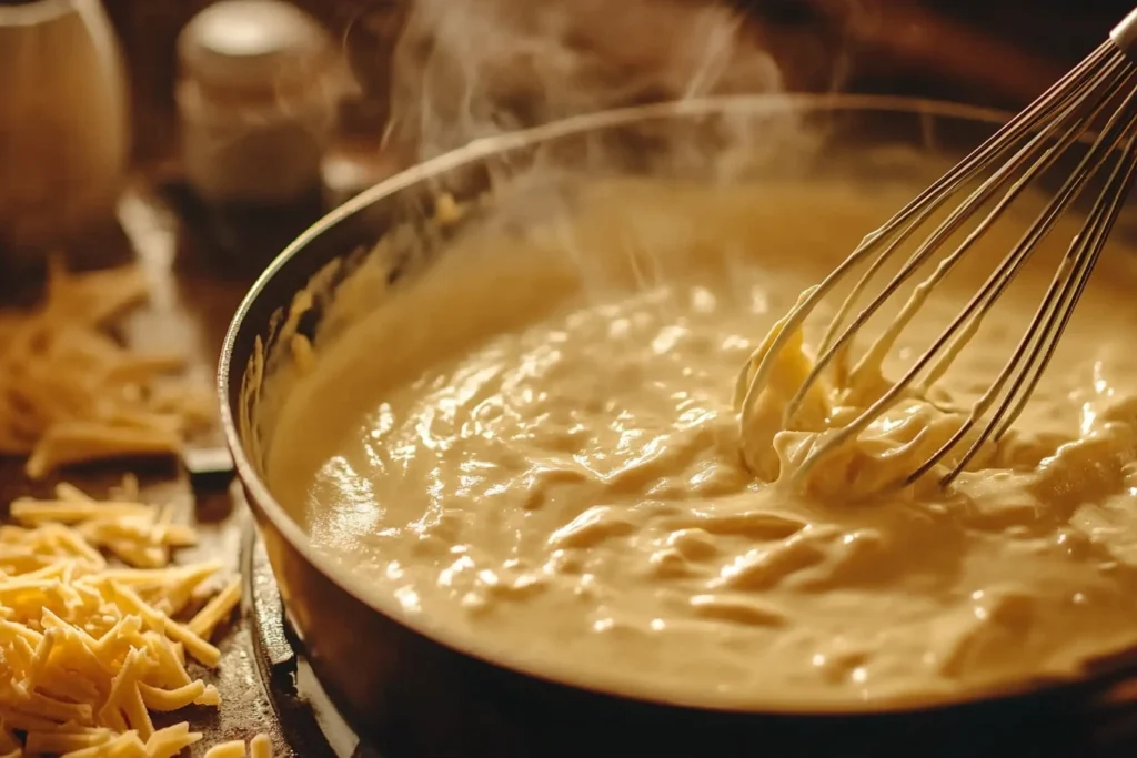 Cheese sauce being whisked for Tini's mac and cheese recipe