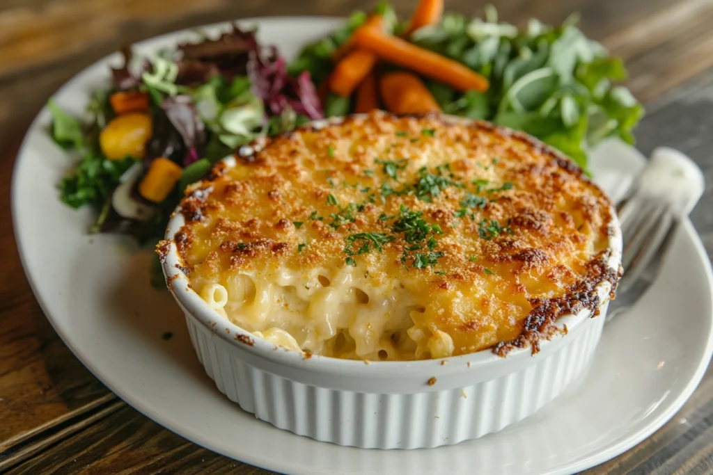 Tini's mac and cheese recipe with a golden crust and side salad